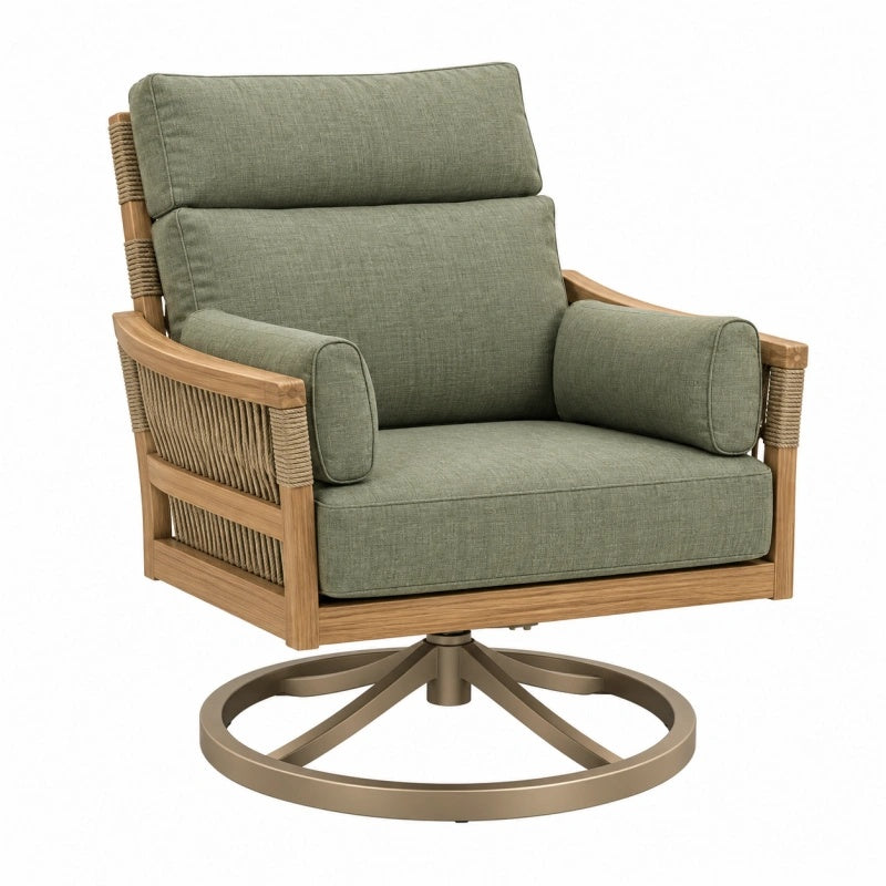 Poltrona girevole da esterno 85 x 85 x 90 cm in legno e corda verde oliva