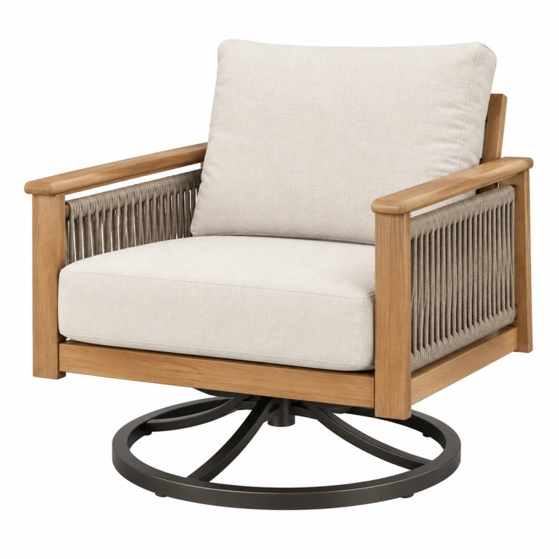Poltrona da esterno 82 x 80 x 85 cm in legno e corda beige girevole stile contemporaneo
