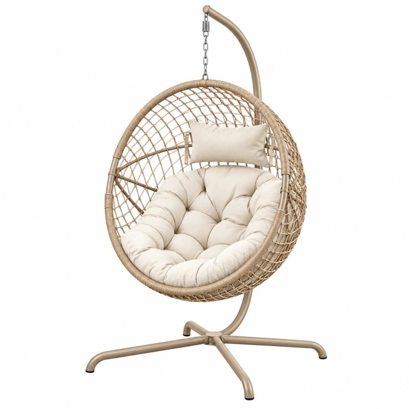 Poltrona sospesa da giardino 105x105x195 cm in metallo e rattan sintetico beige con seduta imbottita