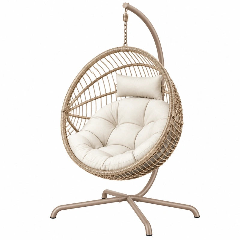 Poltrona sospesa 105x105x195 cm in rattan sintetico beige con struttura in metallo per relax