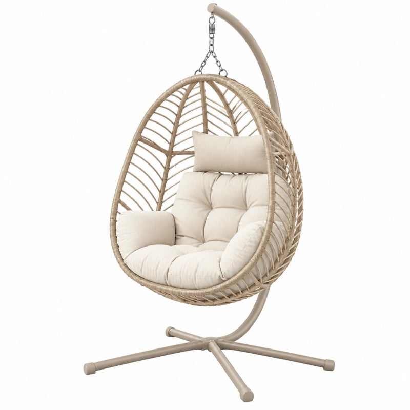 Poltrona sospesa 105 x 105 x 195 cm in fibra intrecciata beige con supporto in metallo per esterno