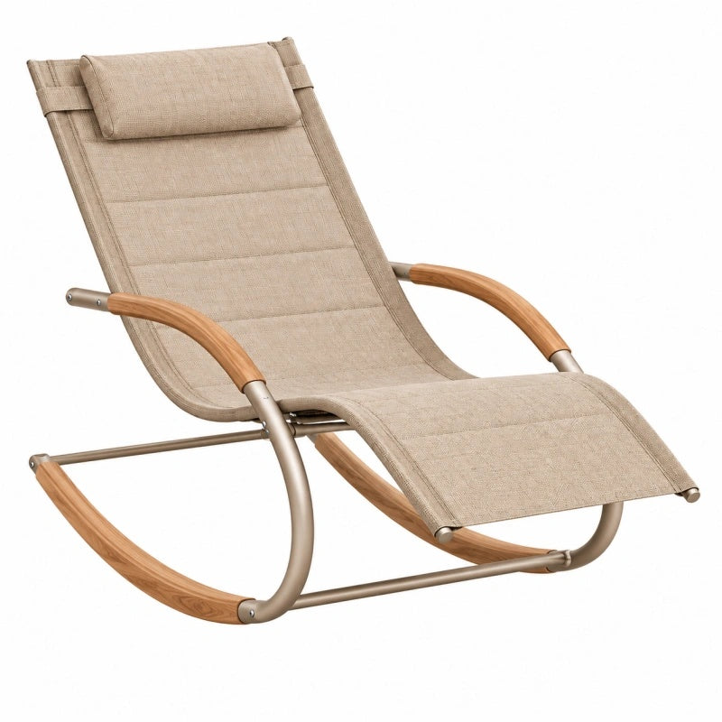 Sedia a dondolo 100 cm in metallo legno e tessuto beige con poggiatesta