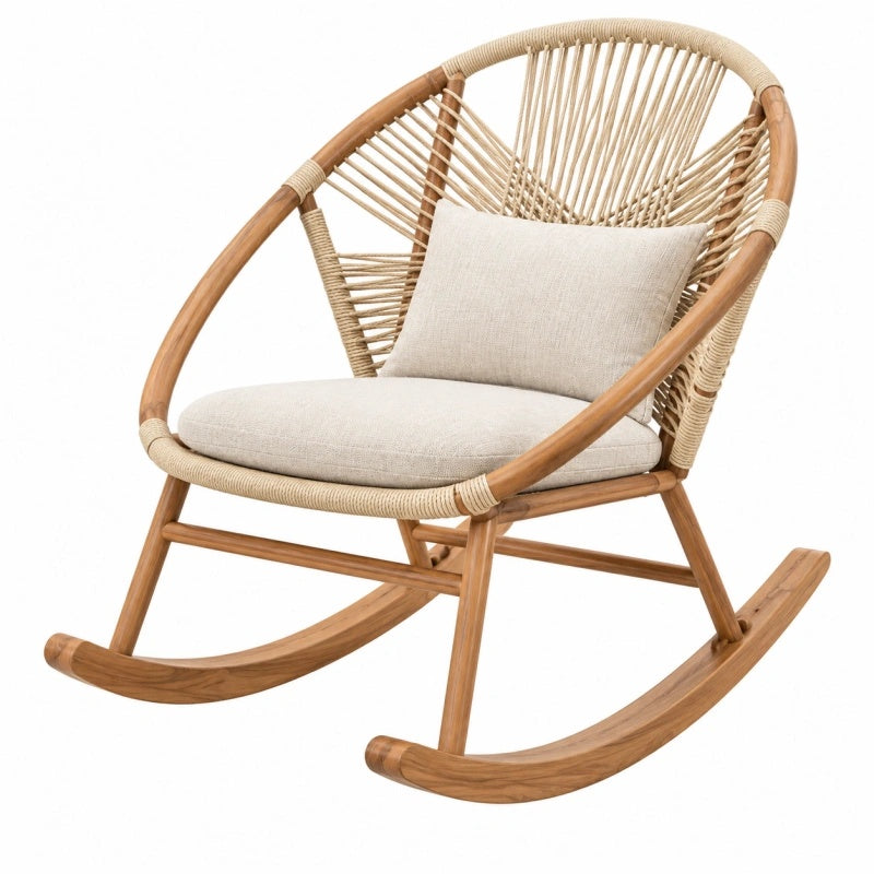 Sedia a dondolo 100 x 75 x 105 cm in legno e fibra intrecciata naturale con cuscino seduta