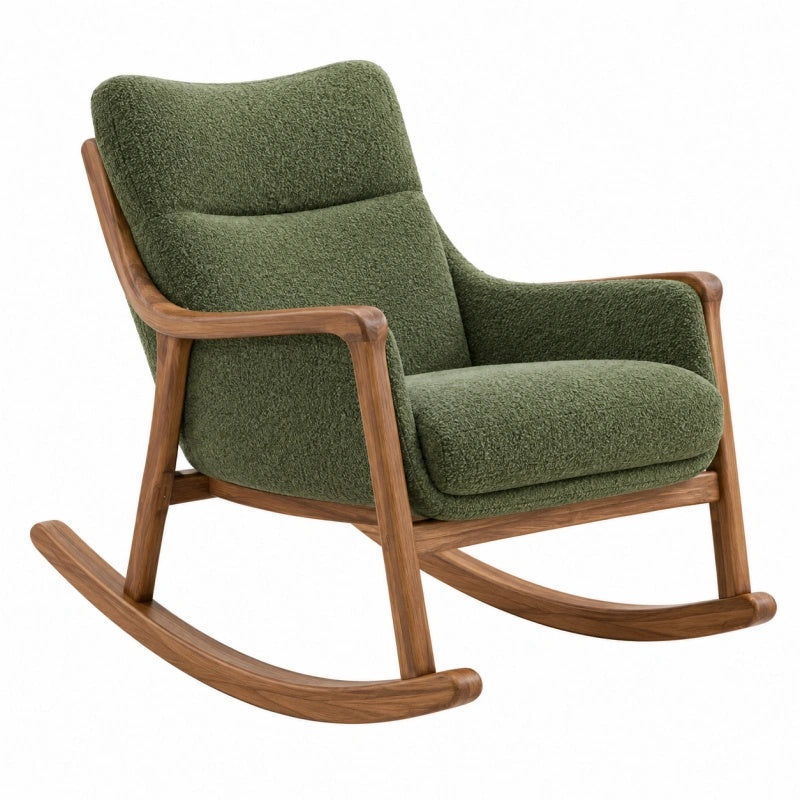 Poltrona a dondolo 75 x 95 x 100 cm in legno e tessuto bouclé verde stile nordico