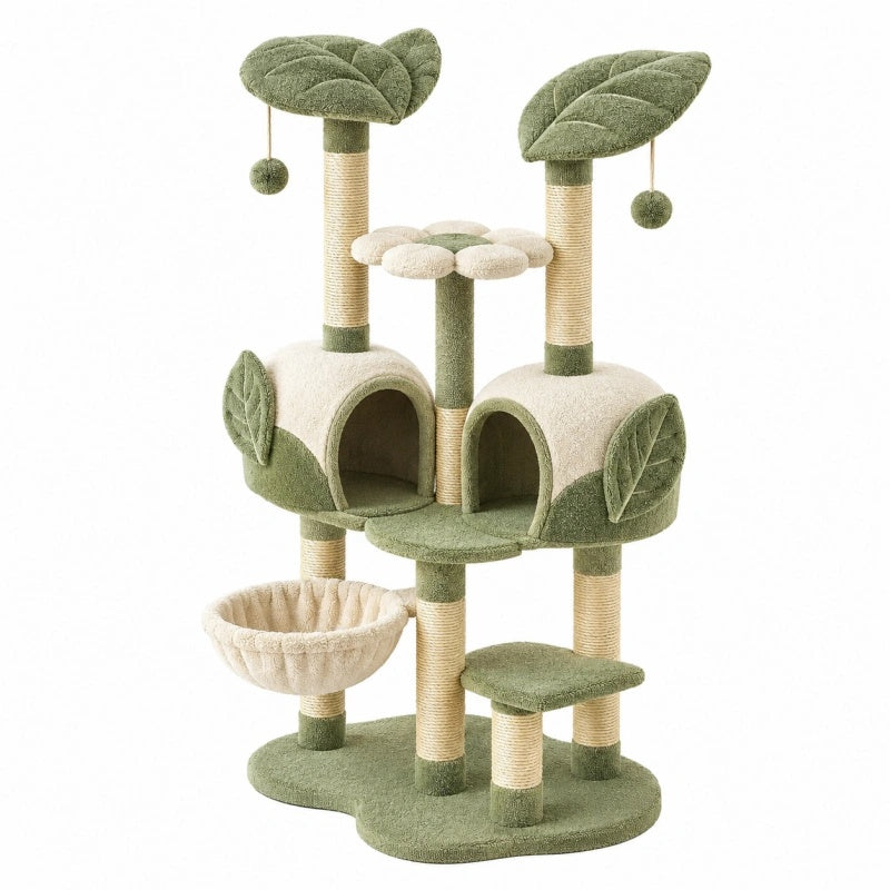 Tiragraffi per gatti 60 x 50 x 150 cm verde e beige con cucce colonne in sisal e piattaforme