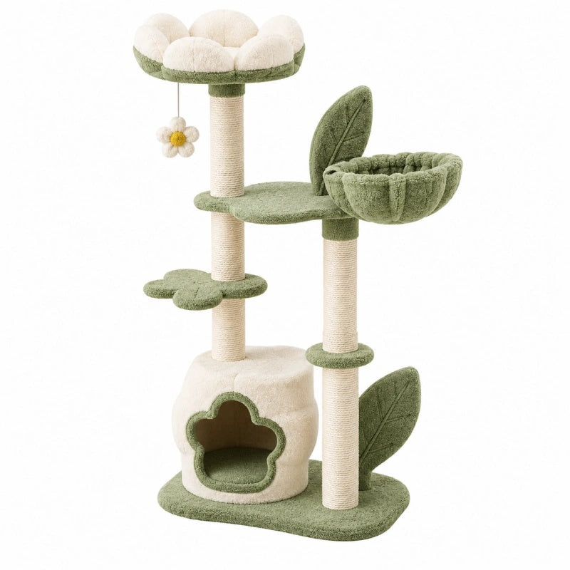 Albero tiragraffi per gatti 60 x 50 x 140 cm verde e crema in peluche e sisal con cuccia e piattaforme