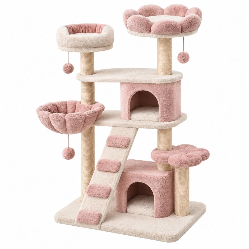 Tiragraffi per gatti 60 x 50 x 135 cm in peluche rosa e beige con sisal e cucce multilivello