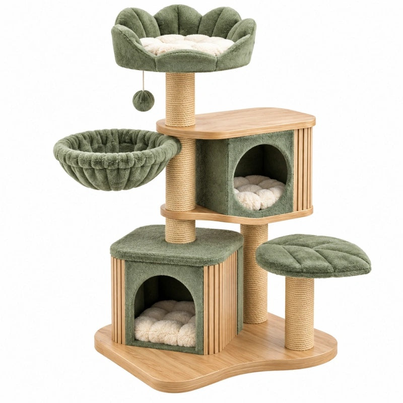 Tiragraffi per gatti 60 x 50 x 135 cm verde in tessuto e sisal con cucce e piattaforme