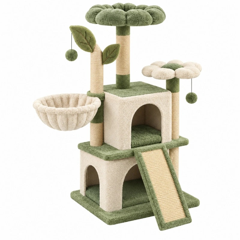 Tiragraffi per gatti 60 x 50 x 140 cm in sisal e tessuto verde e crema con cucce rampe e palline sospese