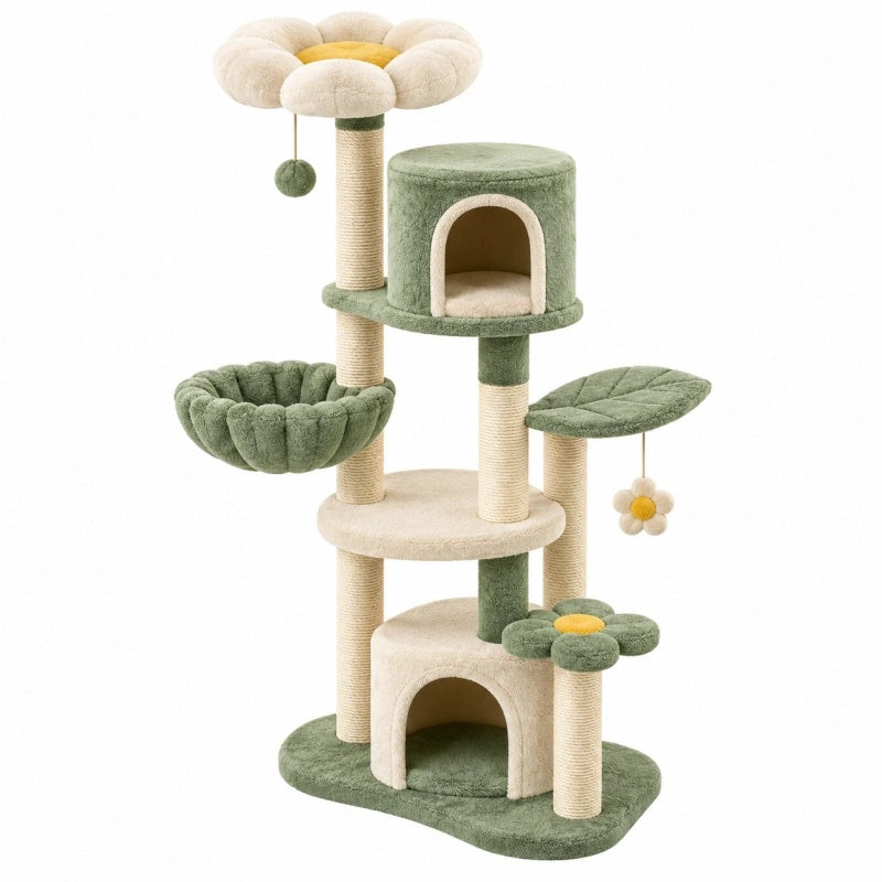 Tiragraffi per gatti 60 x 50 x 130 cm in tessuto verde e beige con cuccia e pali in sisal