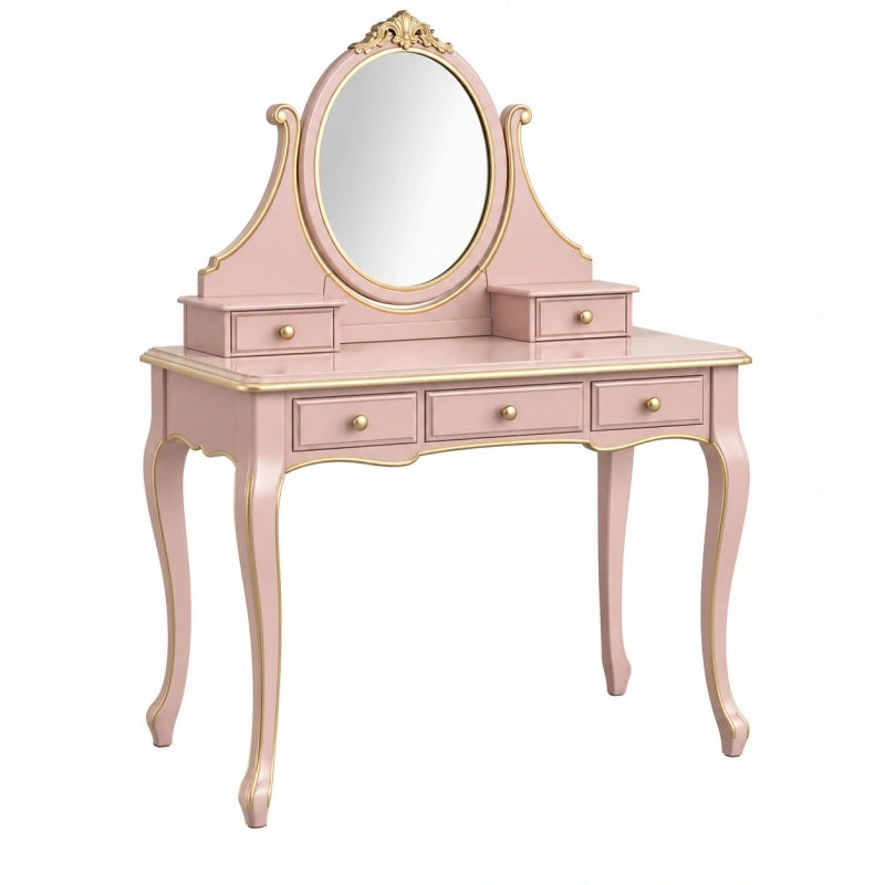 Toeletta 100 x 45 x 150 cm rosa in legno con specchio ovale e 5 cassetti stile classico