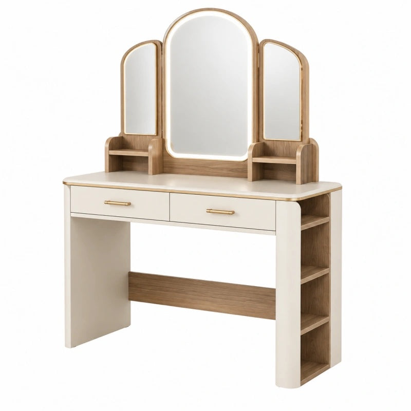 Toeletta con specchio 120 x 50 x 140 cm in legno bianco e rovere con cassetti e ripiani