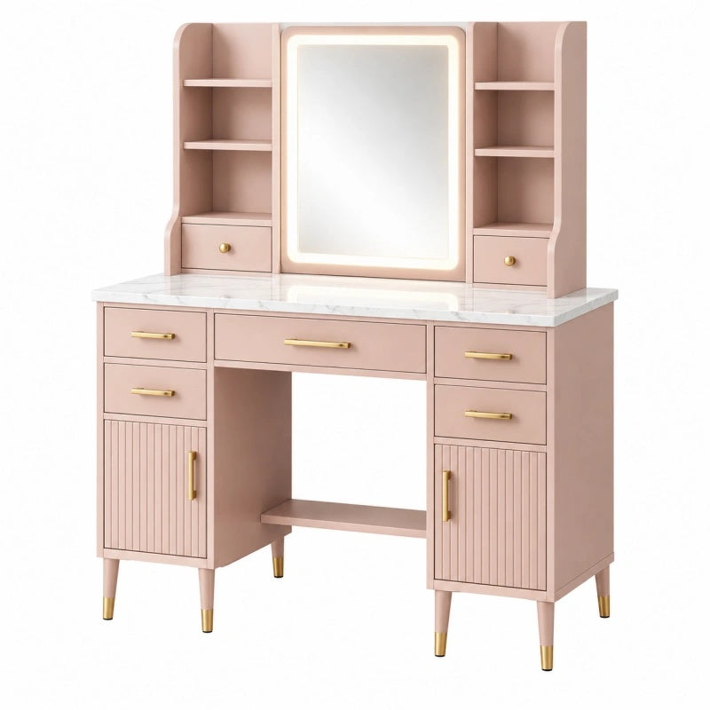 Toeletta 120 x 50 x 150 cm in legno rosa cipria con specchio illuminato e contenitori