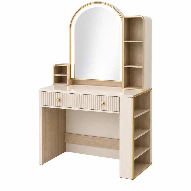 Toeletta 100 x 45 x 150 cm in pannelli effetto legno crema e rovere chiaro con specchio e ripiani stile moderno