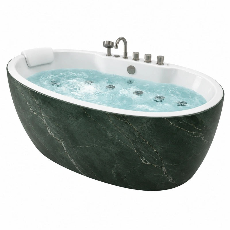 Vasca idromassaggio ovale 180 x 90 x 60 cm in acrilico bianco e verde effetto marmo con getti