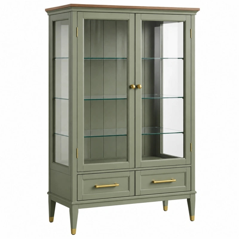 Vetrina 100 x 40 x 180 cm in legno verde salvia con ante in vetro e cassetti