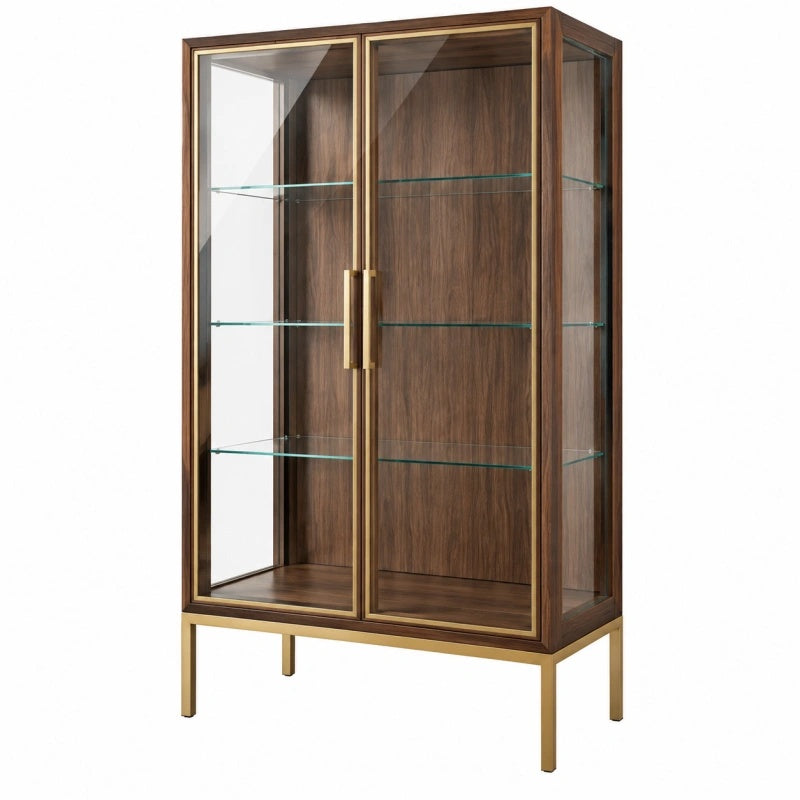 Vetrina 100 x 45 x 190 cm in legno marrone con vetro e struttura dorata a 2 ante
